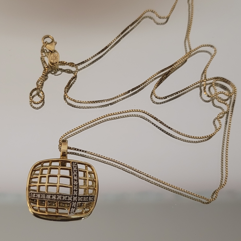 14k Solid Yellow Gold Diamond Pendant and 24" Necklace